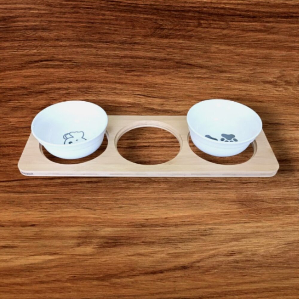 Comesoon ceramic cat Bowls Set of 2 Food/Water / Black & white with wood Holder